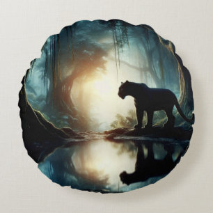 Black Panther Reflected in Pool of Water in Jungle Round Cushion