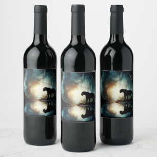 Black Panther Reflected in Pool of Water in Jungle Wine Label