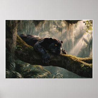 Black Panther Resting on Branch in Dense Forest | Poster