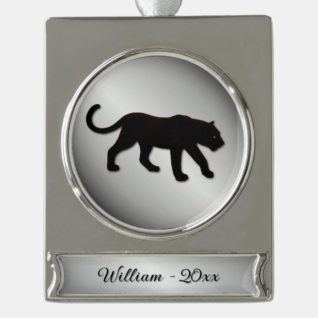 Black Panther Silver Name and Year Silver Plated Banner Ornament (Front)