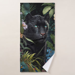 Black panther towel in the forest with flowers