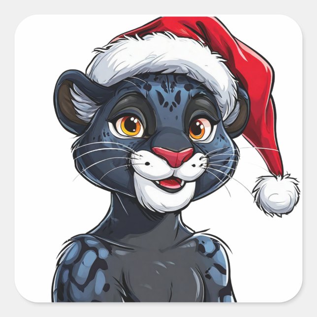 Black Panther Wearing Christmas Hat Square Sticker (Front)