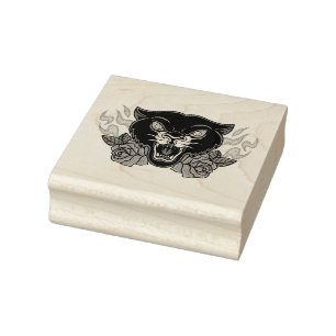 Black Panther with Roses and Flames Rubber Stamp
