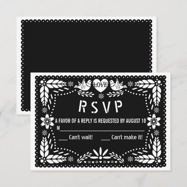 Black papel picado love birds and flowers wedding  RSVP card (Front/Back)