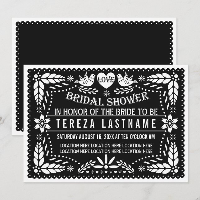 Black papel picado love wedding bridal shower invitation (Front/Back)