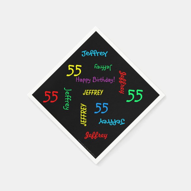 Black Paper Napkins, 55th Birthday Party Names Napkin (Corner)