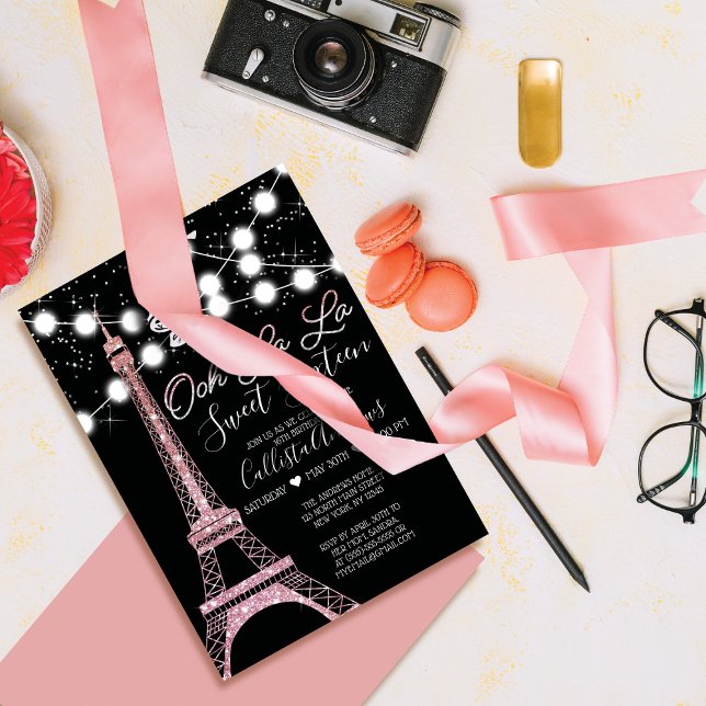 Black Paris Eiffel Tower Glitter Lights Sweet 16 Invitation (Creator Uploaded)