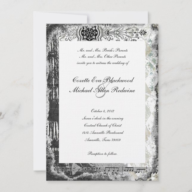 Black Paris Eiffel Tower Music Wedding Invitation (Front)