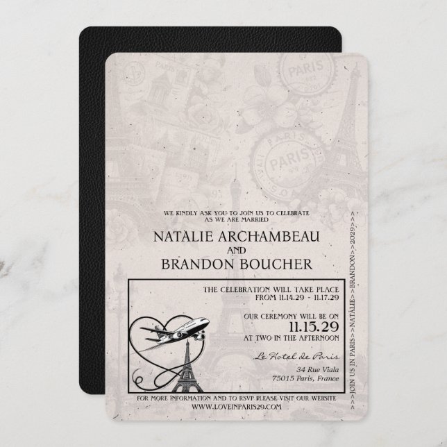 Black Paris Passport Wedding Invitation (Front/Back)