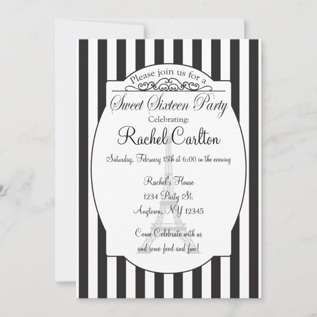 Black Paris Theme Sweet Sixteen Party Invitation (Front)