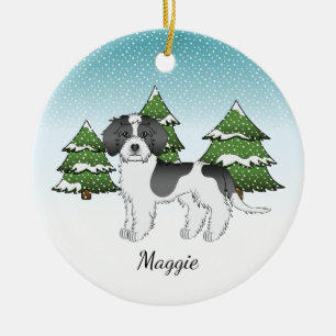 Black Parti-color Mini Goldendoodle Winter Forest Ceramic Tree Decoration