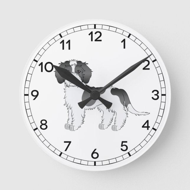 Black Parti-colour Mini Goldendoodle Cartoon Dog Round Clock (Front)
