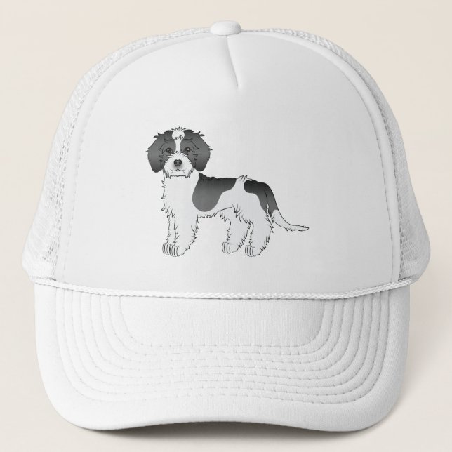 Black Parti-colour Mini Goldendoodle Cartoon Dog Trucker Hat (Front)