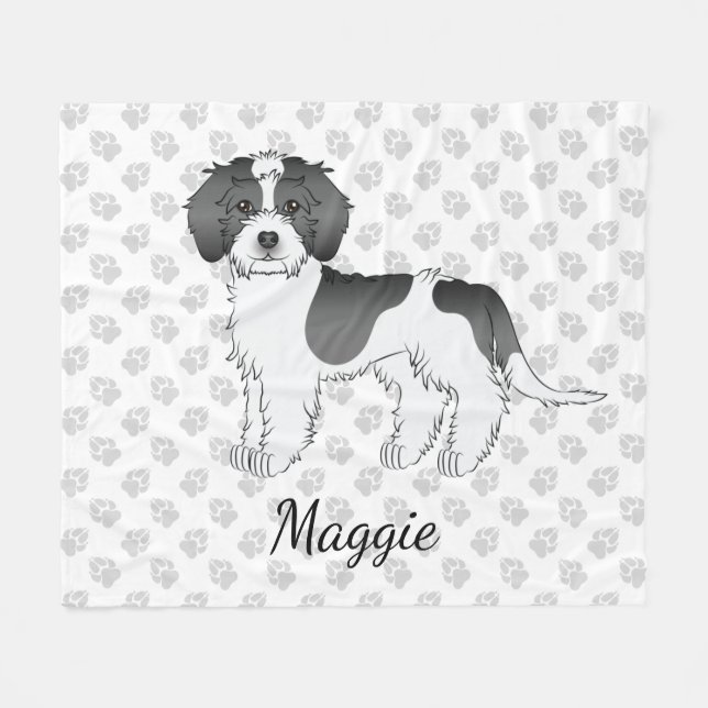 Black Parti-colour Mini Goldendoodle Dog & Name Fleece Blanket (Front (Horizontal))