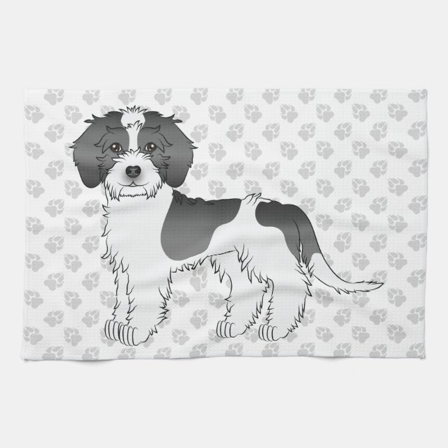 Black Parti-colour Mini Goldendoodle Dog & Paws Tea Towel (Horizontal)