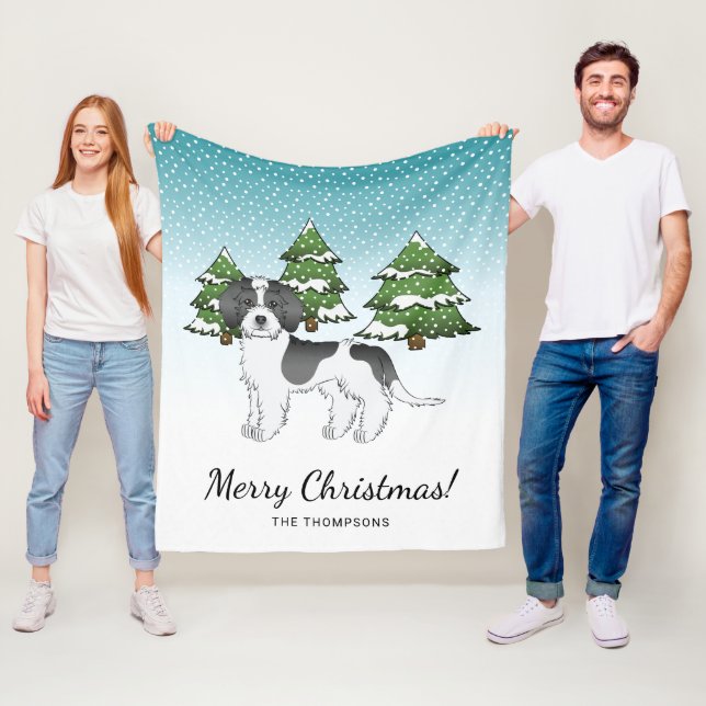 Black Parti-colour Mini Goldendoodle Winter Forest Fleece Blanket (In Situ)