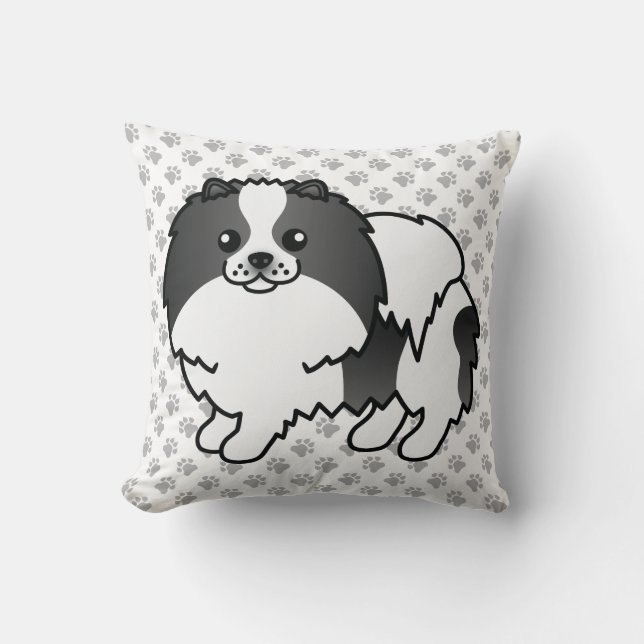 Black Parti-Colour Pomeranian Cartoon Dog & Paws Cushion (Front)