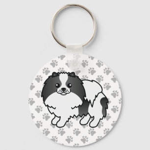 Black Parti-Colour Pomeranian Cartoon Dog & Paws Key Ring