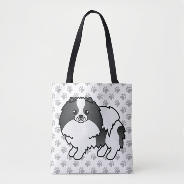 Black Parti-Colour Pomeranian Cartoon Dog & Paws Tote Bag (Front)
