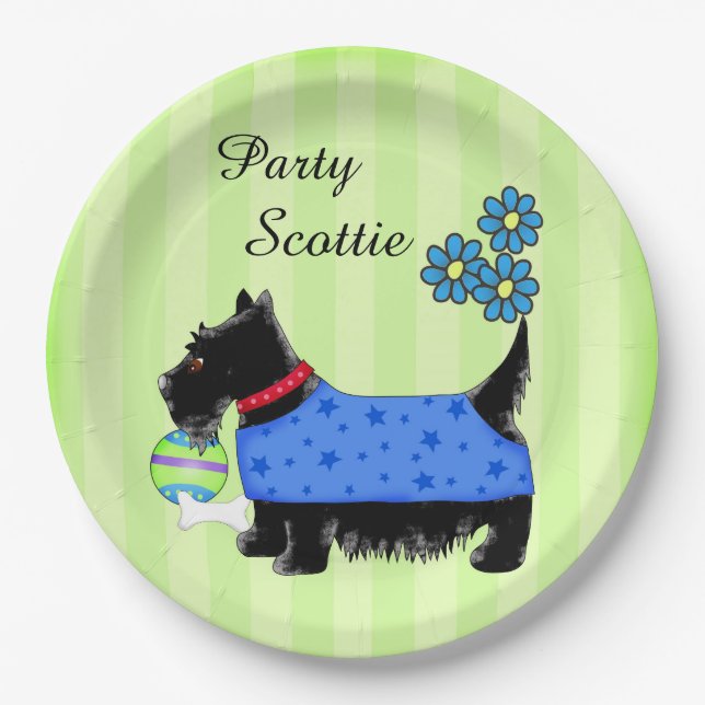Black Party Scottie Dog Blue Clothes Green Custom Paper Plate (Front)