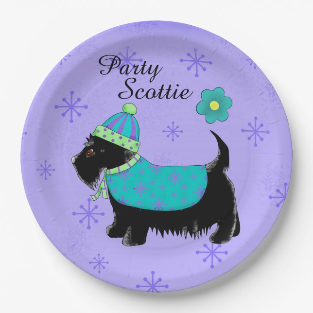 Black Party Scottie Terrier Dog Name Personalised Paper Plate (Front)