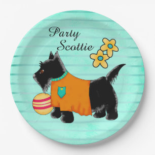Black Party Scottie Terrier Dog Name Personalised Paper Plate