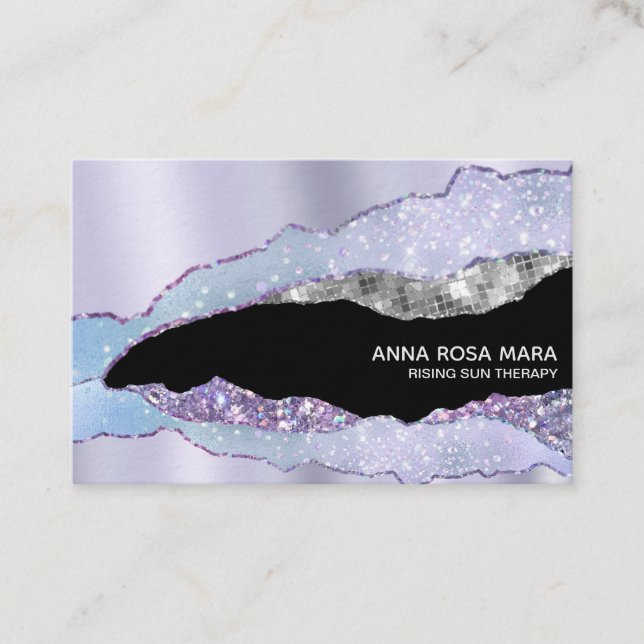 *~* Black Pastel  Agate Geode Silver Glitter Glam Business Card (Front)