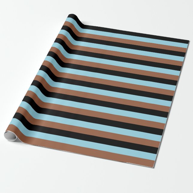 Black, Pastel Blue and Brown Stripes Wrapping Paper (Unrolled)