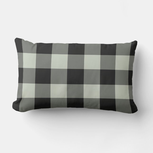 Black Pastel Green Gingham Buffalo Check Pattern Lumbar Cushion (Front)