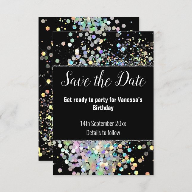 BLACK PASTEL HOLOGRAPHIC PATTERN SAVE THE DATE RSVP CARD (Front/Back)