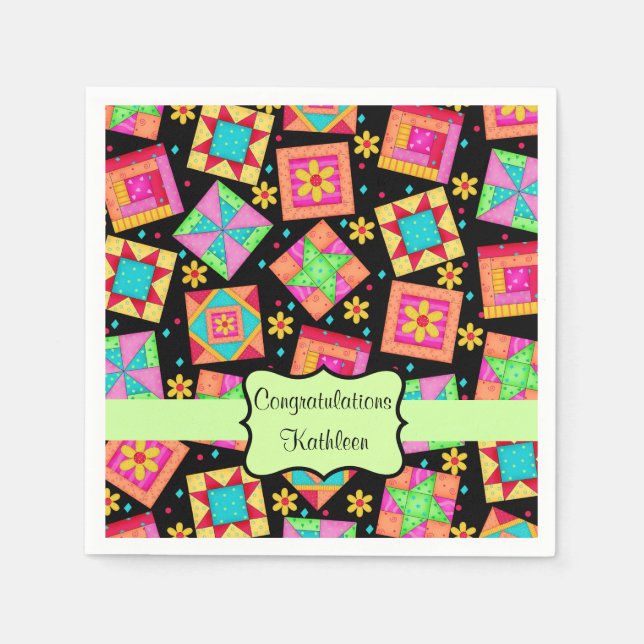 Black Patchwork Quilt Block Name Congratulations Napkin (Front)