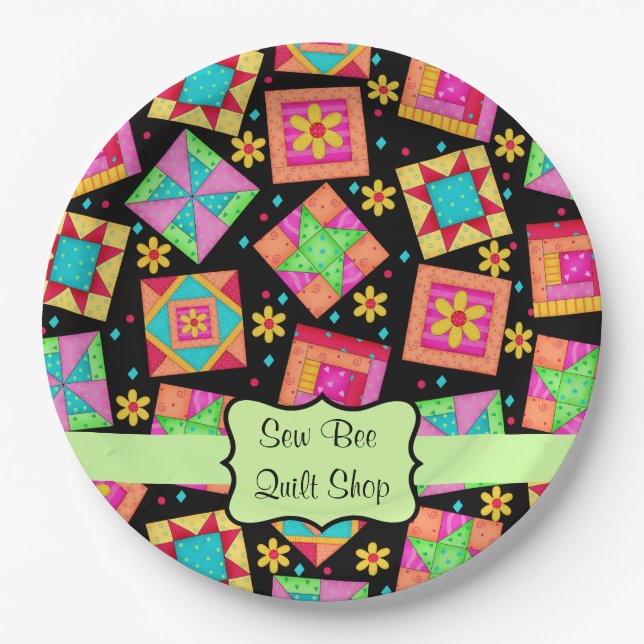 Black Patchwork Quilt Shop Customised Party Paper Plate (Front)