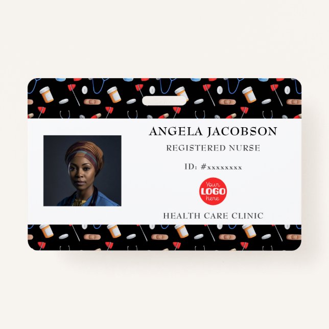 Black Pattern Nurse Healthcare Logo Horizontal ID ID Badge (Front)