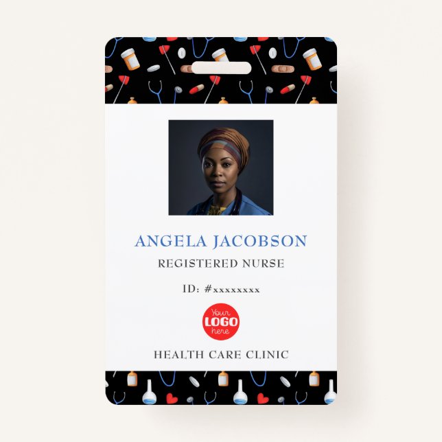 Black Pattern Registered Nurse Healthcare Logo QR ID Badge (Front)