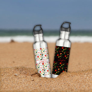 Black pattern wildflowers red poppy 710 ml water bottle