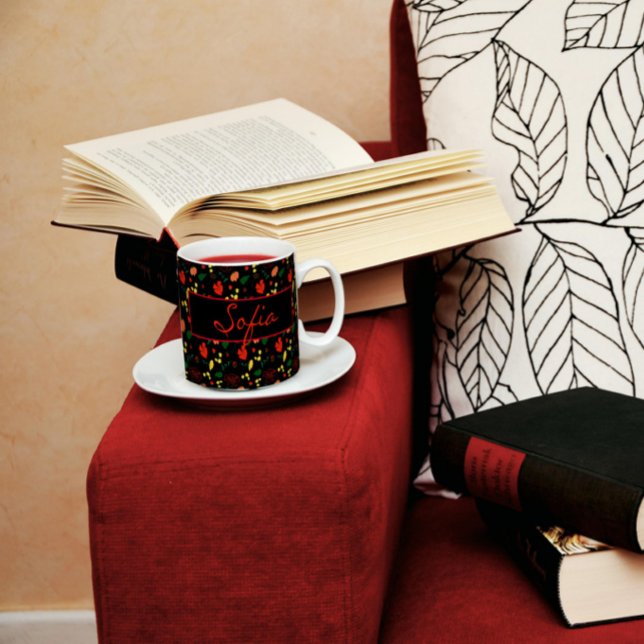 Black pattern yellow flowers red poppy coffee mug (Creator Uploaded)