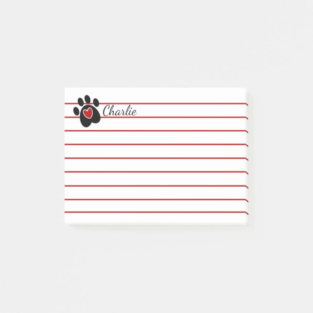 Black Paw Print and Red Heart Post-it Notes (Front)