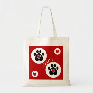 Black Paw Print and Red Heart Tote Bag