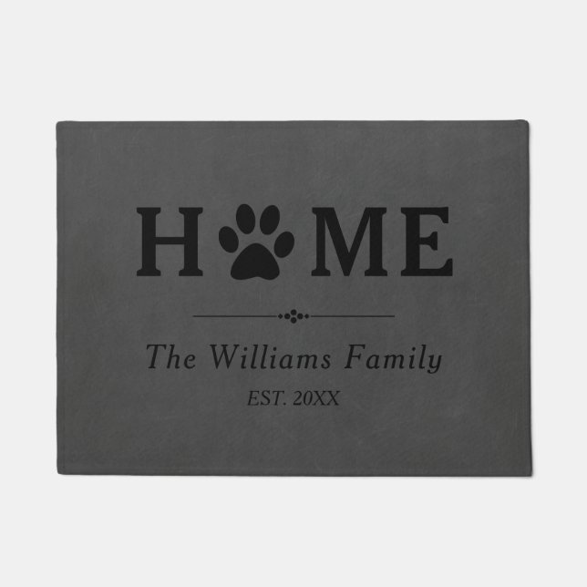 Black Paw Print Home - Chalkboard - Family Name Doormat (Front)