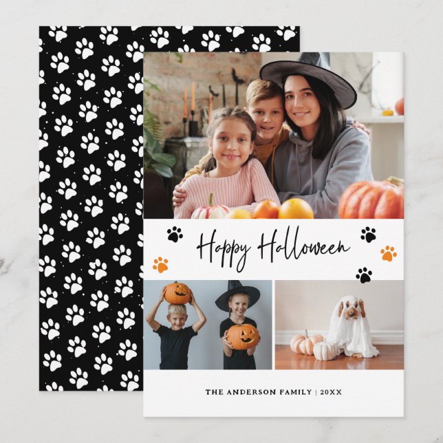Black Paw Print Pet Photo Happy Halloween Card (Front/Back)