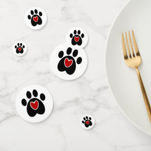 Black Paw Print Red Heart Confetti