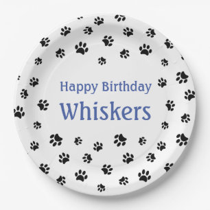 Black Paw Prints Blue Custom Pet Birthday Party Paper Plate