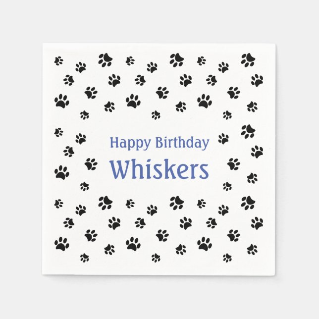 Black Paw Prints Blue Pet Birthday Party Napkin (Front)