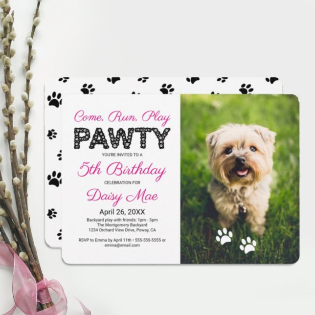 Black Paw Prints Custom Pet Birthday Pawty Photo Invitation (Creator Uploaded)