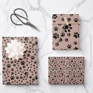 Black Paw Prints on Antique Brass Wrapping Paper Sheet
