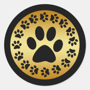 BLACK PAW PRINTS ON GOLD CLASSIC ROUND STICKER