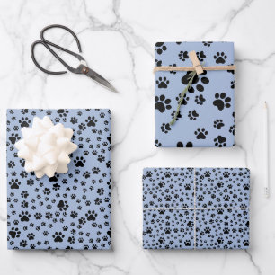 Black Paw Prints on Light Blue Wrapping Paper Sheet