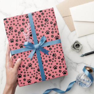 Black Paw Prints on Strawberry Pink Wrapping Paper