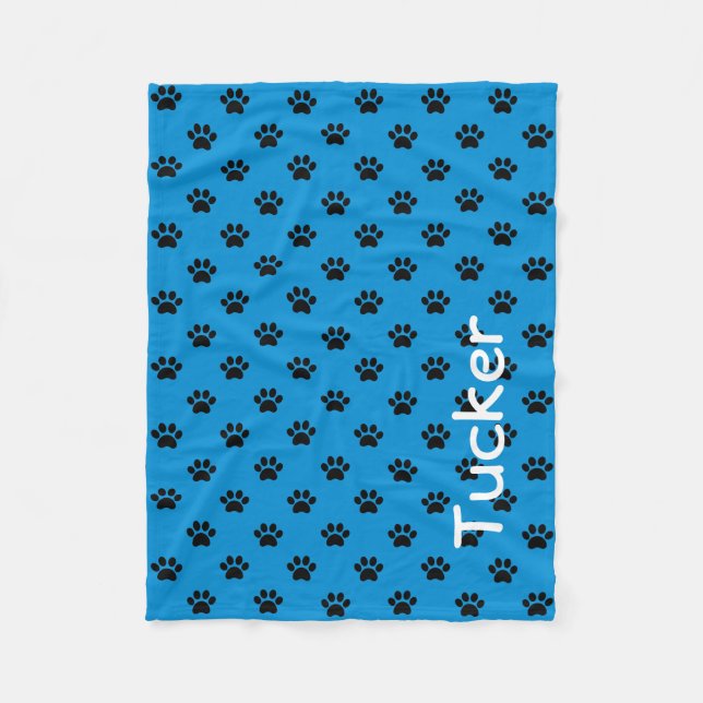 Black Paw Prints on Summer Blue Personalised Fleece Blanket (Front)