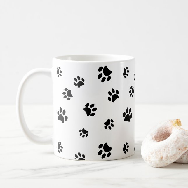 Black Paw Prints Pattern Coffee Mug (With Donut)